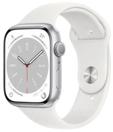 Apple Watch Series 8 (GPS CELLULAR) 45mm Silver Aluminum Case with White Sport Band - Size:M/L -  (MP4W3LL/A)