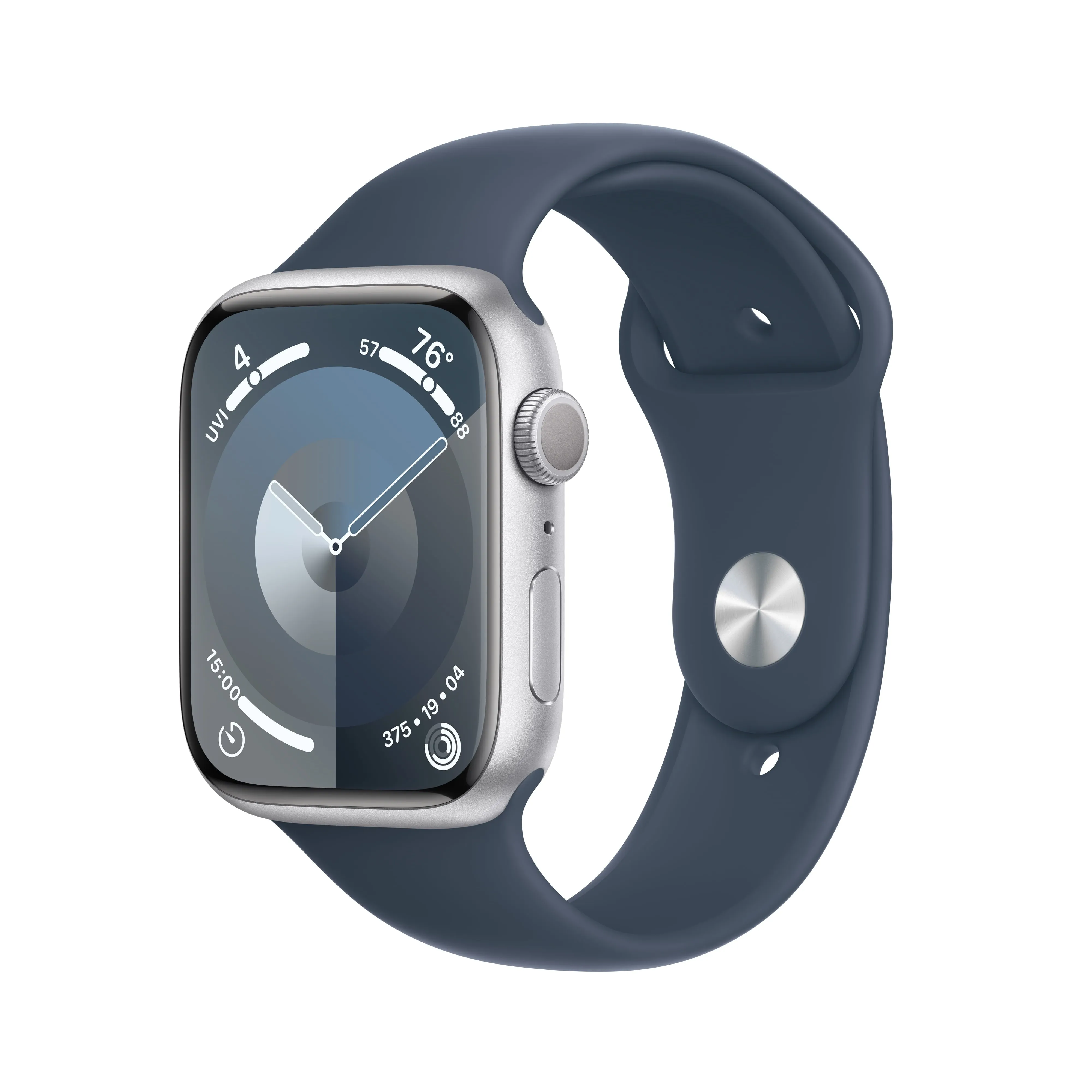 Apple Watch Series 9 [GPS 45mm] Smartwatch with Silver Aluminum Case with Storm Blue Sport Band M/L. - Refurbished