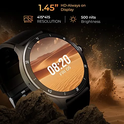 beatXP Flux 1.45" (3.6 cm) Ultra HD Display Bluetooth Calling Smart Watch, 415 * 415px, 60Hz Refresh Rate, Rotary Crown, 500 Nits, Always On Display, Health Tracking, 100  Sports Modes (Black)