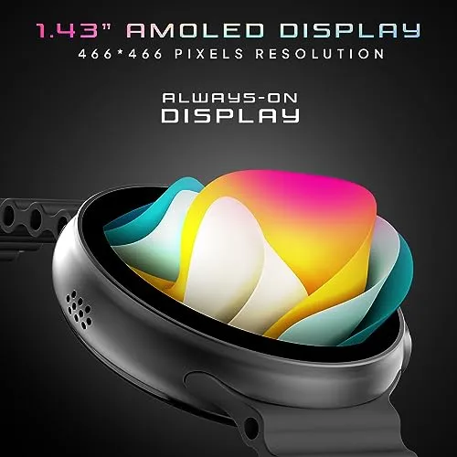 Fire-Boltt Asteroid 1.43” Super AMOLED Display Smart Watch, One Tap Bluetooth Calling, 466 * 466 px Resolution, 123 Sports Modes, in-Built Voice Assistance, 350mAh Large Battery (Black)