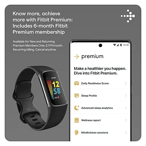 Fitbit Charge 5 Advanced Health & Fitness Tracker with Built-in GPS, Stress Management Tools, Sleep Tracking, 24/7 Heart Rate and More, Black/Graphite, One Size (S &L Bands Included)