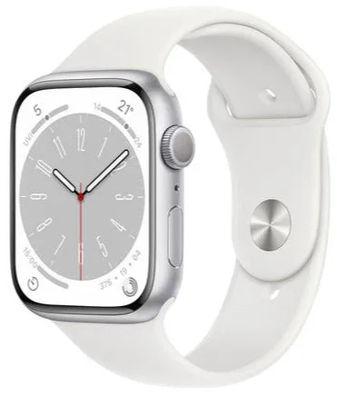 New - Apple Watch Series 8 (GPS) 45mm Silver Aluminum Case with White Sport Band - Size:M/L -  (MP6Q3LL/A)