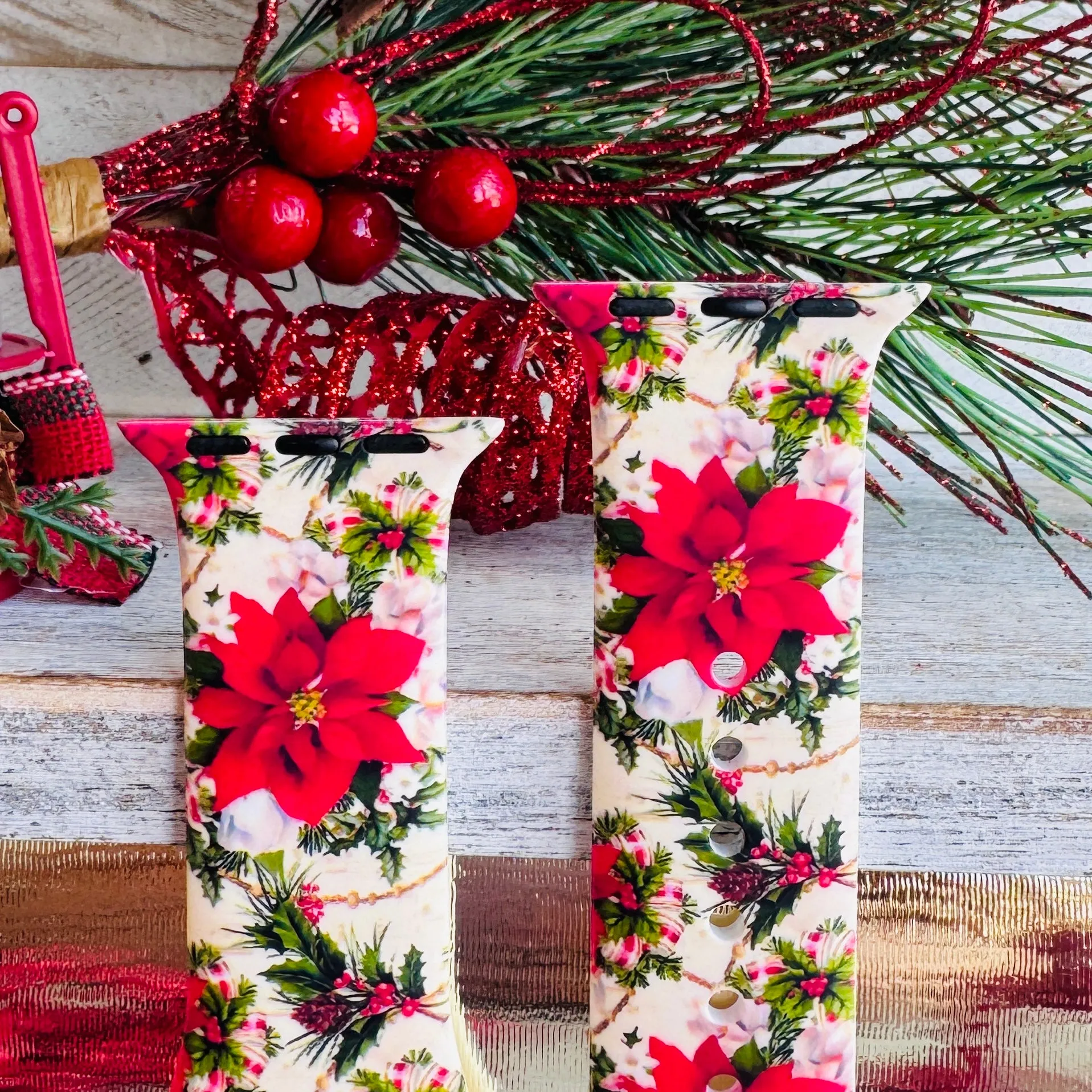 Poinsettia Holiday Bliss Print Silicone Band For Apple Watch