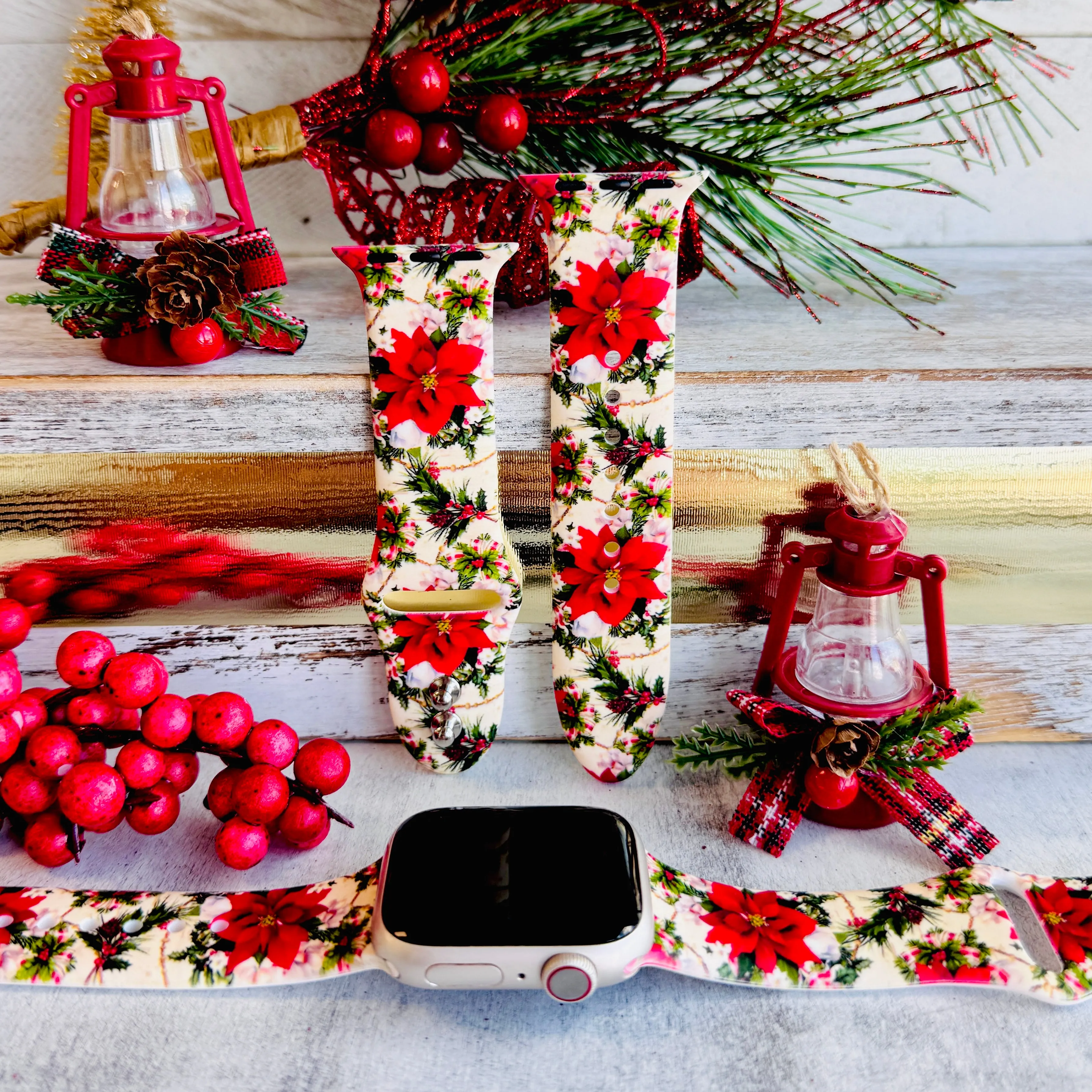 Poinsettia Holiday Bliss Print Silicone Band For Apple Watch