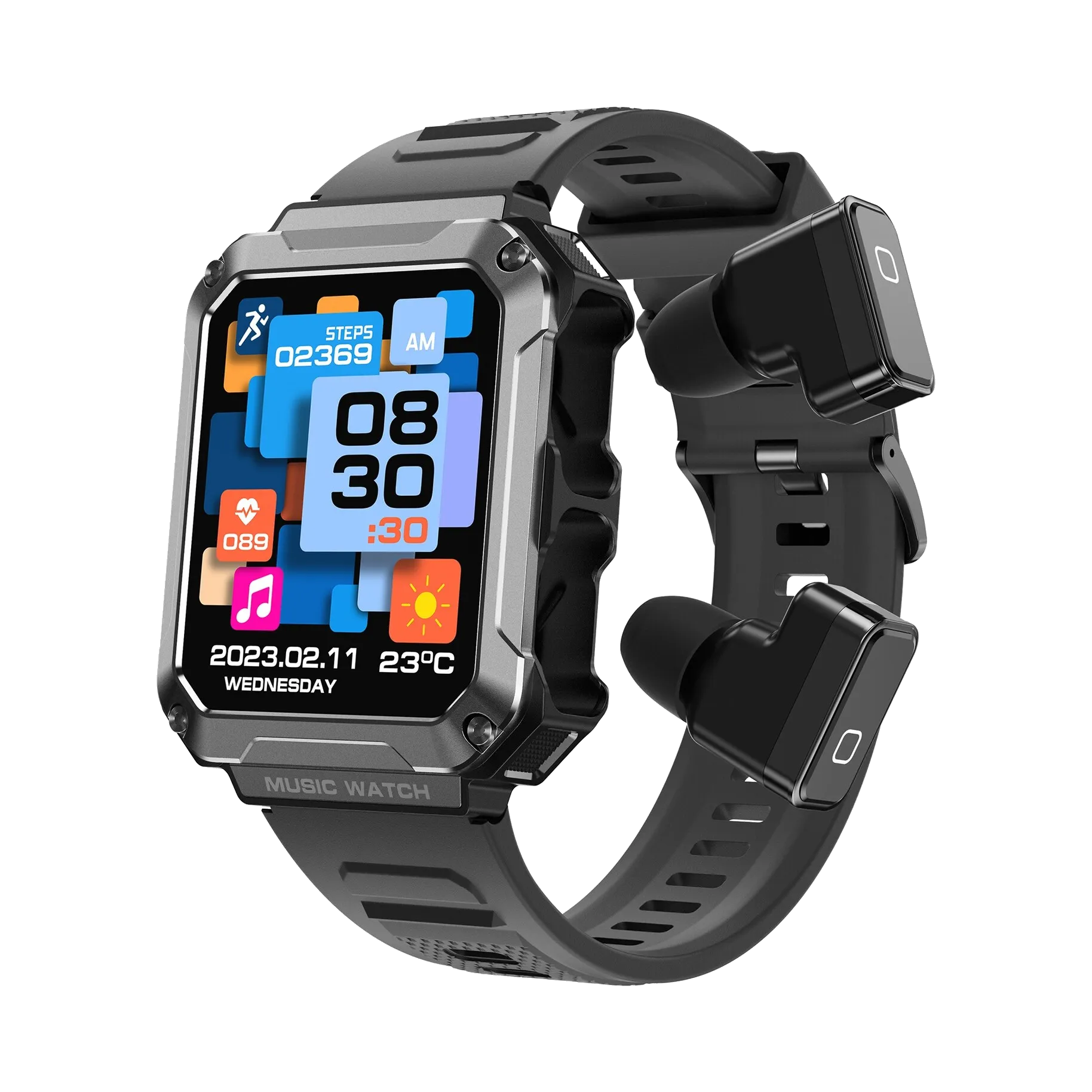 ST93 2-in-1 Dagnet Smartwatch with Bluetooth earbuds 1.96-inch Full Touch Screen; IP67 Waterproof- Unisex