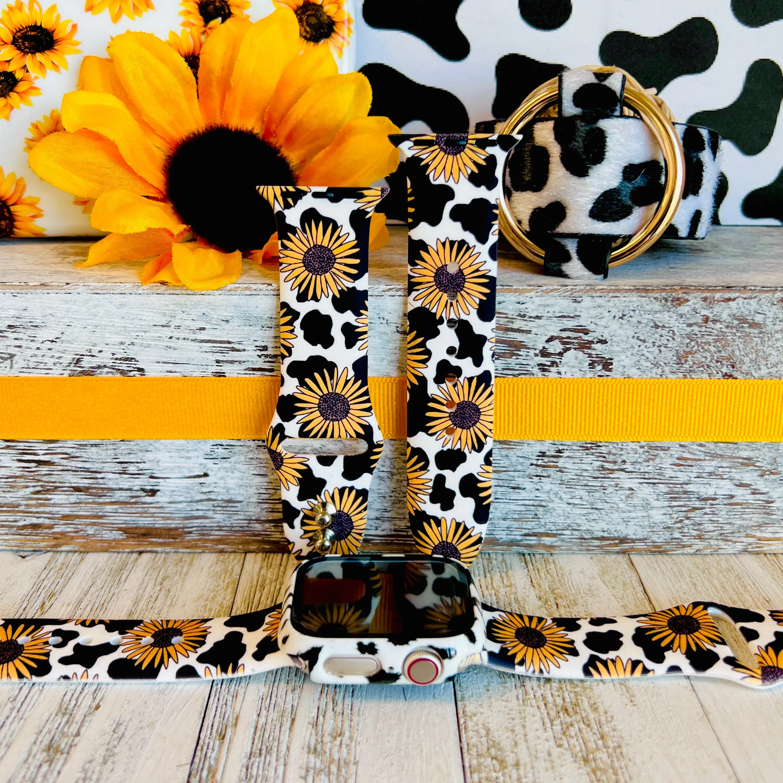 Sunflower Cow Print Silicone Band For Apple Watch