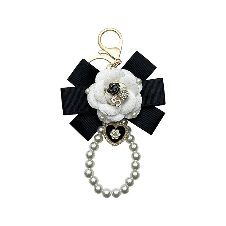 Thread Camellia Flower Keychain - Pearl Chain