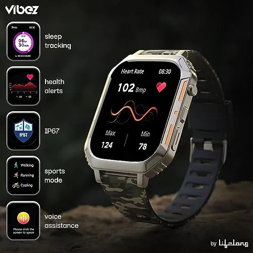 Vibez by Lifelong |New Launch| Trooper Smart Watch for Men | 2.02” Always On Display AMOLED, 550 NITS, 60Hz Refresh Rate, Two Straps, BT Calling, Multiple Sports Mode, Rugged Smartwatch (VBSW2124)